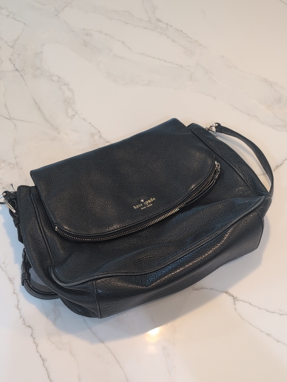 kate spade Black Pebbled Leather Messenger Bag with Front Zip Flap
